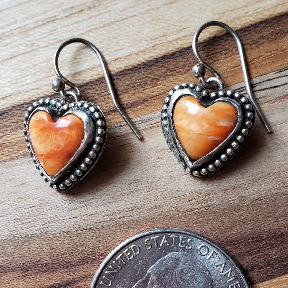Orange Spiny Oyster and 925 Sterling Silver Heart Shaped Earrings